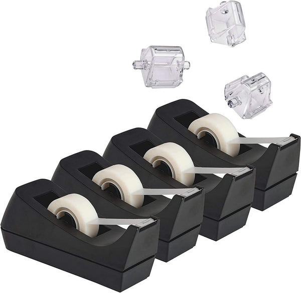 Desktop Tape Dispenser 4-Pack with Non-Skid Base & 3 Extra Replacement Cores - Perfect for Office, Home, School