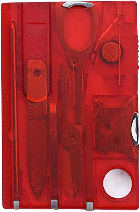 Red Outdoor Survival Multi Tool Card, Barbecue Knife, Camping Tool with LED Light, Magnifier, EDC Gear