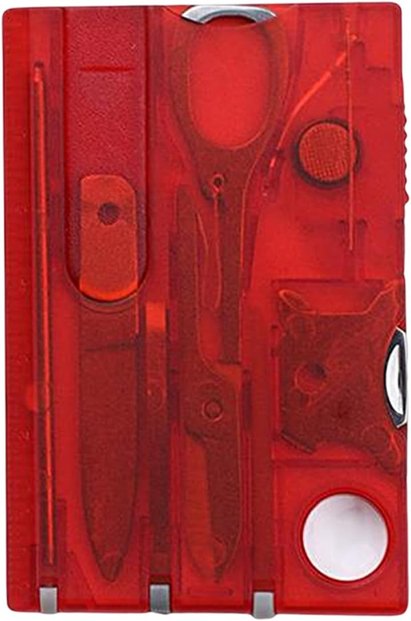 Red Outdoor Survival Multi Tool Card, Barbecue Knife, Camping Tool with LED Light, Magnifier, EDC Gear