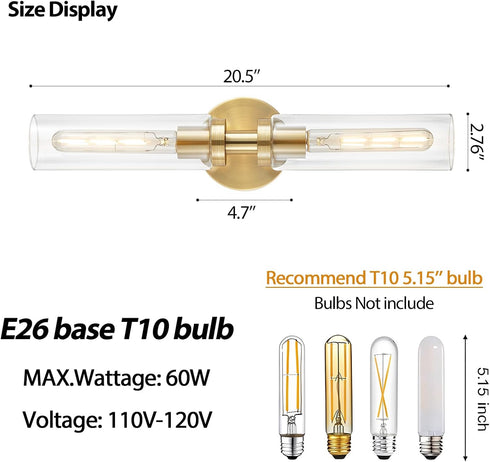 2-Light Lanhall Brushed Brass Gold Bathroom Light Fixtures Over Mirror Modern Vanity Light Wall Lighting with Clear