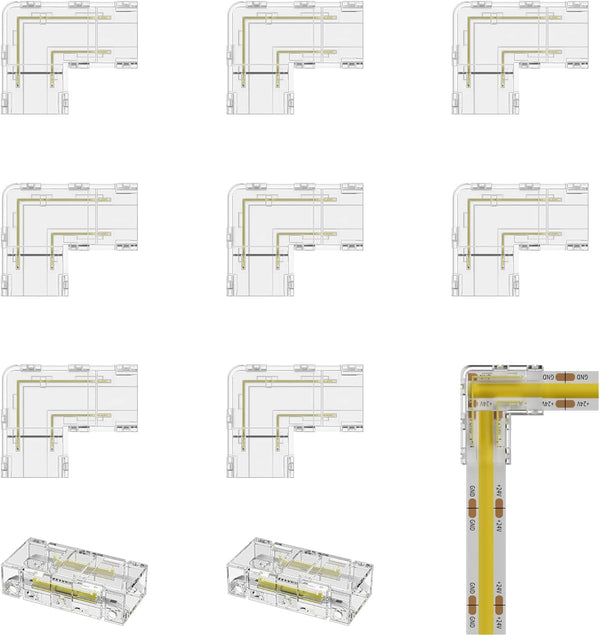 PAUTIX 8mm COB Connector 8pcs L-shaped/Corner, 2pcs Transparent Gapless Connectors for 2-Pin COB LED Strip Lights, Not