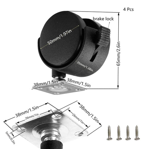 Black Plastic Caster Wheels, 2 inch Locking Small Casters Set of 4 with 16 Screws for Furniture Workbench