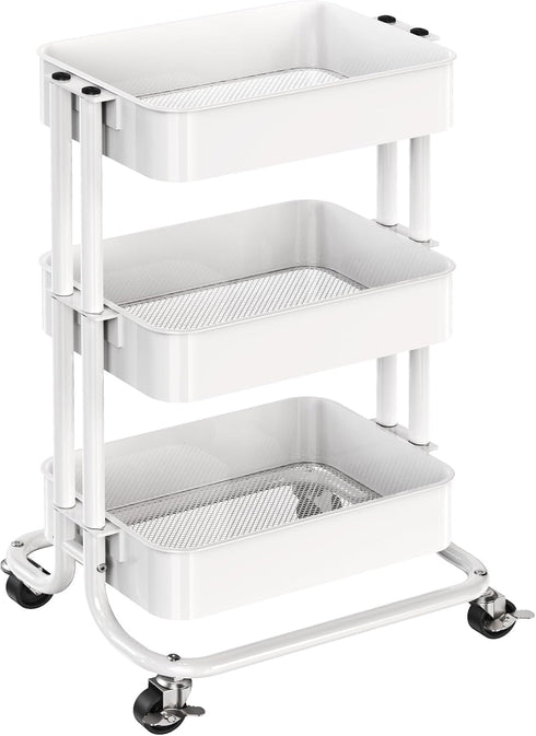 Pipishell 3 Tier Heavy-Duty Metal Rolling Utility Cart, Multifunctional Mesh Storage with 2 Lockable Wheels (White)