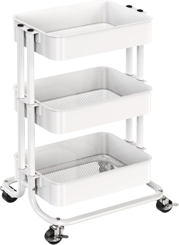 Pipishell 3 Tier Heavy-Duty Metal Rolling Utility Cart, Multifunctional Mesh Storage with 2 Lockable Wheels (White)