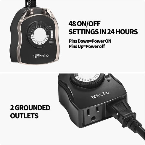 Outdoor Timer Outlet, 24 Hour Mechanical Outdoor Timer for Pool Pump, Outdoor Light Timer Waterproof, 2 Grounded Outlets for Home and Garden, 15A 1/2HP, Heavy Duty, CSA Listed (1 Pack) by Tiffcofio