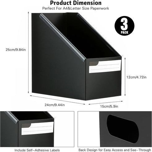 Marte Vanci Magazine File Holder 3 Pack Plastic Magazine Holders Folder Holder Desk Organizer with Labels Foldable Magazine Rack for Shelves Office Paper File Storage and Organization Black