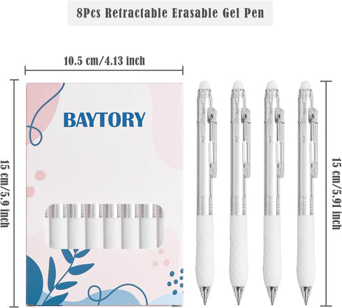 BAYTORY 8Pcs Fine Point Erasable Gel Pens, 0.5mm Retractable Black and Blue Ink Pen, Smooth Writhing Comfortable to Use for Taking Marking Planner Crossword Puzzles (White) by BAYTORY