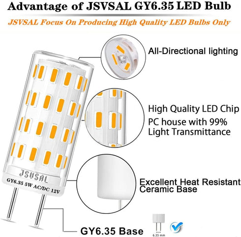 GY6.35 Bulb Dimmable,T4 GY6.35/G6.35 12V 2700K 5W 40-50W Bulb Lighting,6-Pack LED JC Type Bi-pin Base,AC/DC Warm White