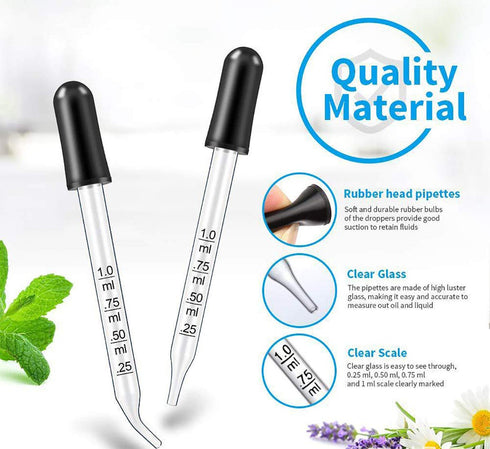 Eye Dropper for Essential Oils, Pipettes Dropper with Black Rubber Head, Thick Glass Medicine Dropping Pipettes, 1ml, 5