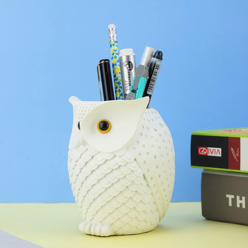 Owl Resin Pen Holder and Makeup Brush Holder, Desk Organizer for Office, School, and Home, White