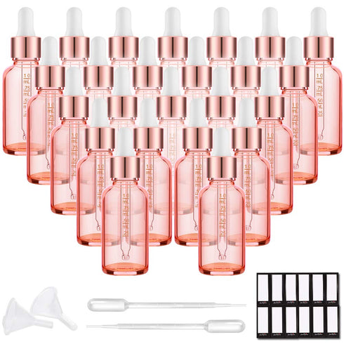 PrettyCare 1 oz Eye Dropper Bottle (24 Pack) Rose Glass Bottles with Measured Pipettes, Golden Caps & Labels