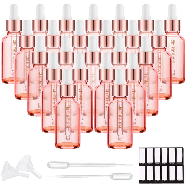 PrettyCare 1 oz Eye Dropper Bottle (24 Pack) Rose Glass Bottles with Measured Pipettes, Golden Caps & Labels