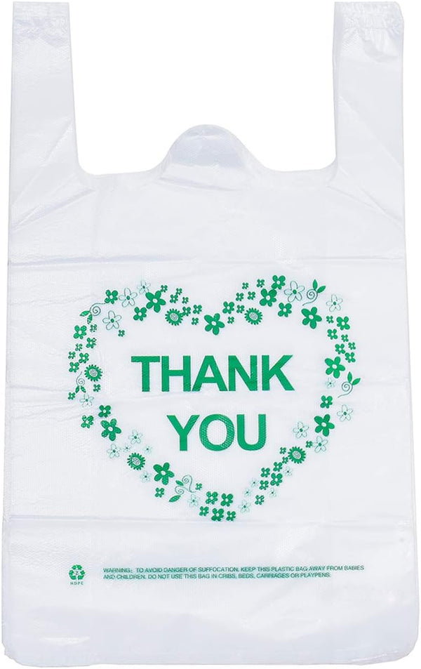 LazyMe Thank You T Shirt Bags, White Plastic Grocery Bags with Handles, 12 x 20 inch (50 pcs)