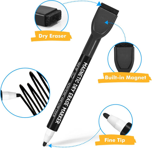maxtek Black Magnetic Dry Erase Markers Fine Tip, Whiteboard Markers with Eraser, Fine Point Dry Erase Markers for Kids, Low Odor Dry Erase Markers for Calendar Boards (Black) by maxtek