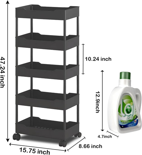 5-Tier Plastic Rolling Utility Cart, Rolling Storage Cart, Narrow Shelf, Bathroom Organizer Rolling Utility for Office