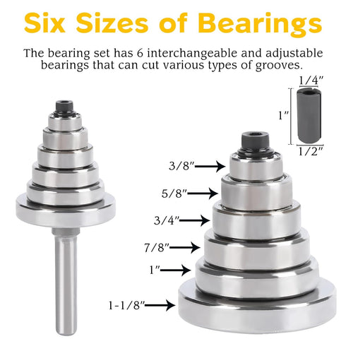 yqlbgprj Set 6 1/4-Inch 4Pcs (1/8"3/8" 1/2" 1/2" 1/4" Rabbeting Router Bit with Bearings, Shank, Bits to Height)