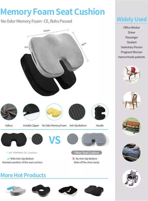 AK TRADING CO. 100% Tailbone Premium Comfort Seat Cushion - Non-Slip Orthopedic Memory Foam Coccyx Cushion for Pain