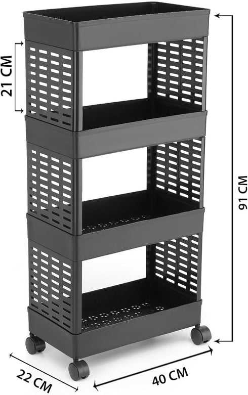 Generic 4-Tier Rolling Storage Cart, Black, Plastic, with Wheels, Slim Organizer for Kitchen, Bathroom, Office