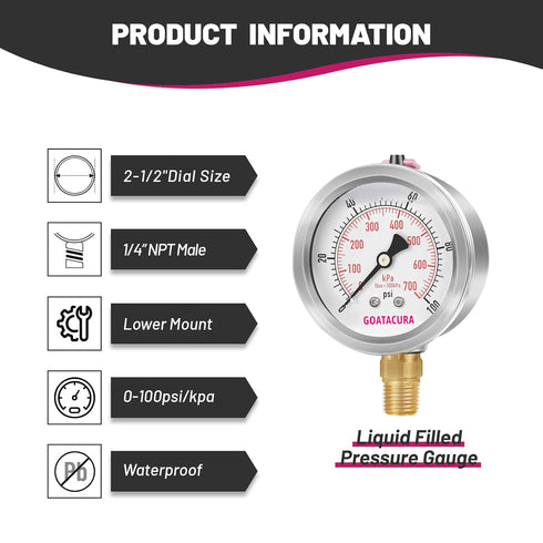 0-100psi/kpa Lead-Free Glycerin Filled Pressure Gauge, 2-1/2" Dial Size, Stainless Steel Case, with Vent Valve, 1/4" NPT Lower Mount, 2-1-2% Accuracy, for Measuring Gas Liquid Pressure