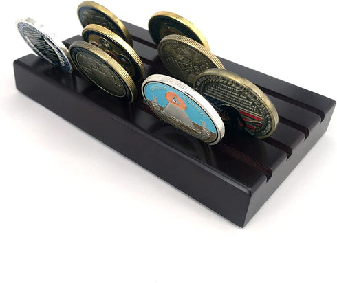 Glamtune 4 Rows Coin Holder, Military Coin Display Stand Rack (Wood)