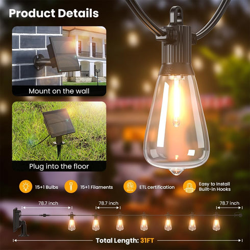 31FT IP65 15+1 ST38 Bulbs, Solar String Lights Outdoor Waterproof with USB-Charging , Solar Powered LED Patio Lights