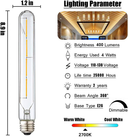 Leools T10 LED Long Bulbs, 4-Pack, 4W Dimmable Tubular Bulb, 40 Watt Equivalent, 2700K Warm White, E26 Edison Style