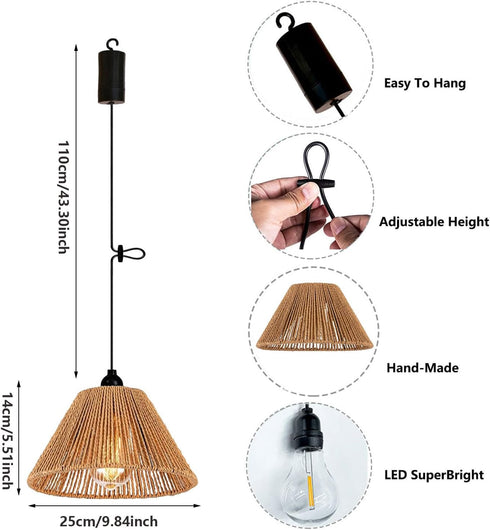 EcoGehen Bulbs 4*AA Battery Operated Pendant Light Outdoor Chandelier for Gazebo Hanging Lamp with LED Rattan Shade