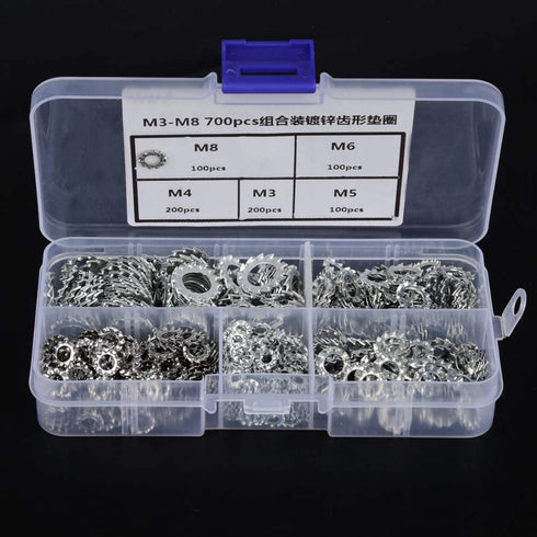 700pcs Galvanized Serrated Tooth Lock Washer Flat Washer Set for Electrical Connections, M3/M4/M5/M6/M8