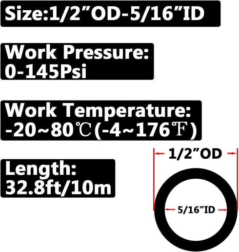 Pneumatic Air Hose 1/2” Tube OD Polyurethane Airline Tubing Pipe 32.8Ft for Air Line or Water Transfer (1/2 inch 10M Black)