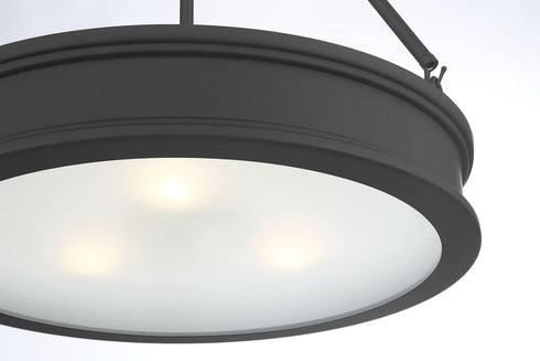 28990 100-Watt 3-Light Bulbs Minka Lavery Matte Black Drum Pendant Light with Frosted Clear Glass Shade, No Included