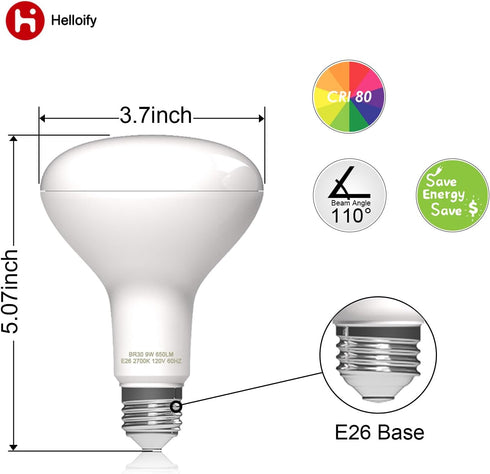 BR30 LED Flood Light Bulb, 9W, 65W Equivalent, 2700K Soft White Light, Energy Saving Lamp for Office/Home, Non-dimmable, E26 Screw Base, 6PCS by helloify