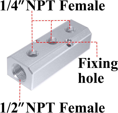 Beduan 3 Way 5 Port Aluminum Air Hose Inline Manifold Block Splitter - 1/2"NPT Input, 1/4"NPT Output.