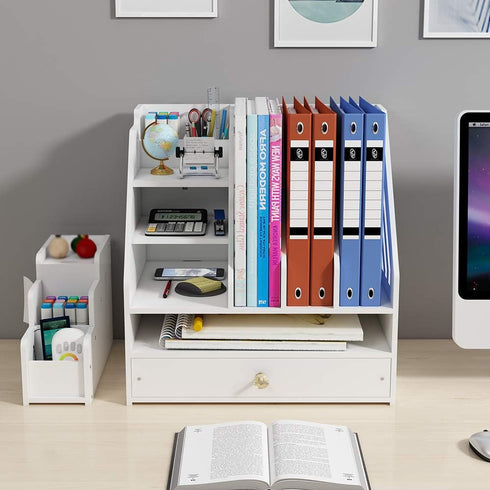 Desk Organizer with Pen Holder, DIY White Stationery Desktop Storage Sorter with Drawer for Home, Office, School