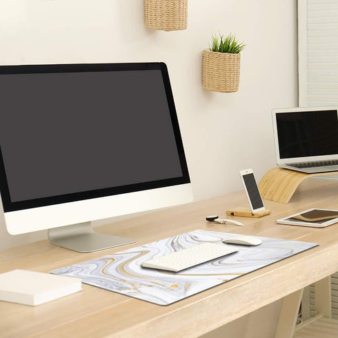 QIYI White Mouse Pad - Cute Marble Large Desk Mat, PU Leather Desk Protector, Non-Slip Extended Writing Pad