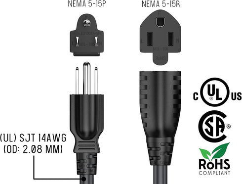 2 ft 14 AWG Outlet Saver Power Extension Cord, NEMA 5-15P to NEMA 5-15R Extension Cable