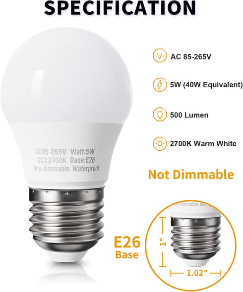 Warm White A15 Appliance Light Bulb, 40W Equivalent, 120V, 2700K, E26 Medium Base, LED Light Bulbs for Refrigerator, Fridge, Freezer, Stove Hood, Range Hood, Waterproof, Shatterproof, Not Dimmable by Pazetiv