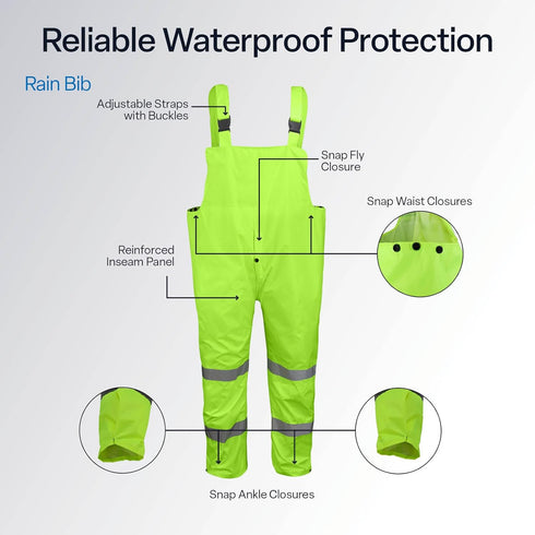 GGS Three-Piece Rain Suit - High Visibility, Waterproof Bibs and Jacket with Detachable Hood, Lightweight Rainwear
