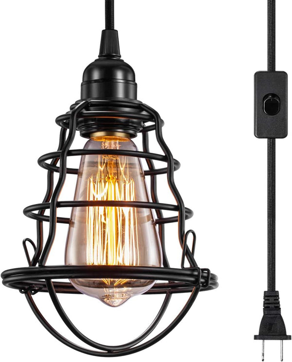 Asnxcju Industrial Plug in Pendant Light, Vintage Hanging Cage Pendant Light with