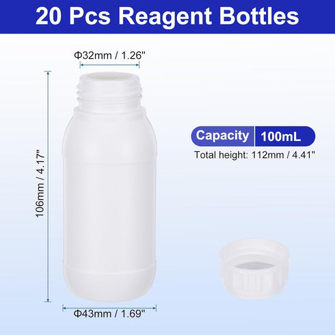PATIKIL 20 Pcs 100ml Reagent Bottles, PE Small Mouth Round Bottles with Screw Cap for Lab Water Reagent Liquids Solid Sample Storage Seal, Translucent White by PATIKIL
