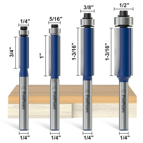 FivePears 4Pcs Flush Trim Router Bits Set, 1/4 Inch Shank, Bottom Bearing for Woodworking, Various Diameters