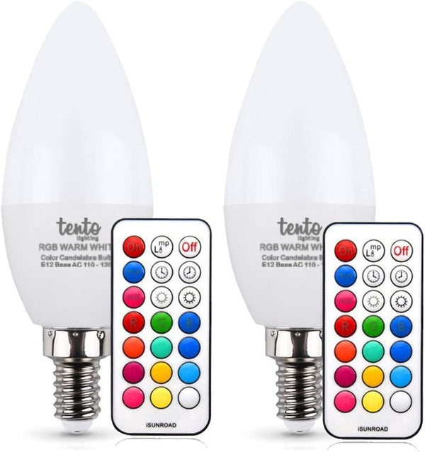 tento Lighting E12 3W 250Lm Candelabra Base, Dimmable Bullet Top Multi-Colored Remote
