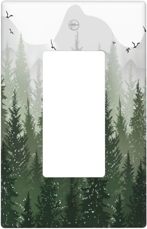 Rustic Green Forest 1 Gang Single Rocker Light Switch Cover Pine Tree Foggy Mountain Landscape Decorative Wall Plate