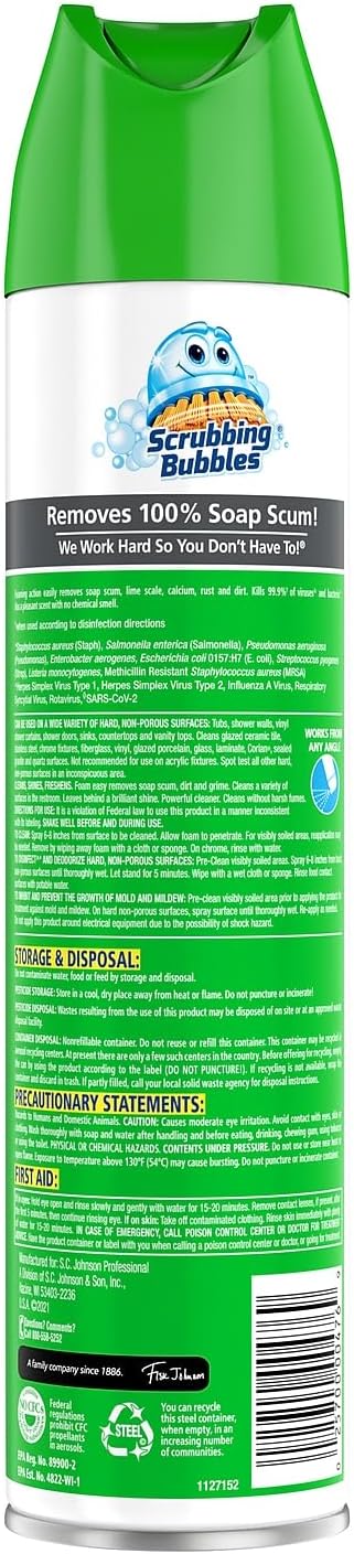 SC Johnson 25 Oz Scrubbing Bubbles Disinfectant Restroom Cleaner Ii, Rain Shower Scent, Aerosol Spray