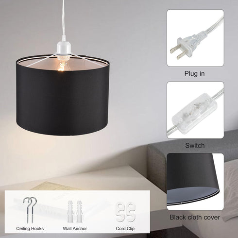 2 Pack 15Ft Plug in Pendant Light, Hanging Light with Clear Cord, On/Off Switch, Black Fabric Lamp Shade, Hanging Light