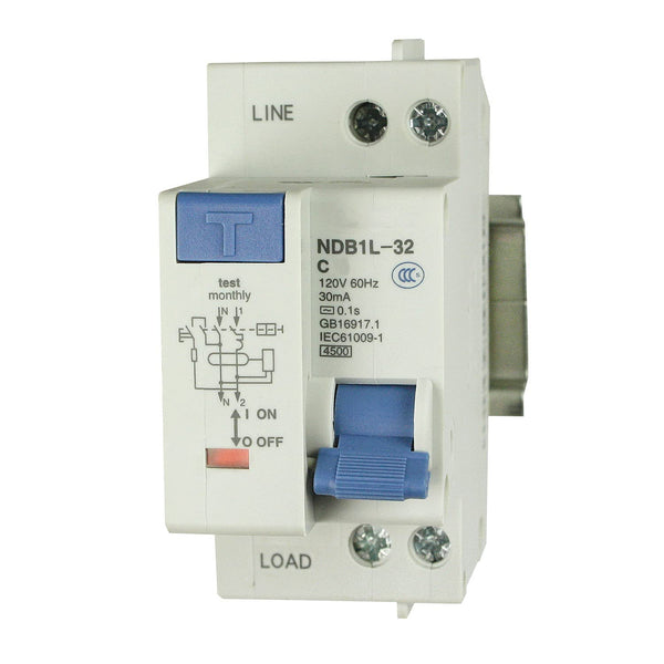 ASI NDB1L-32C-20-120V Ground Fault Circuit Breaker DIN Rail Mount, 20A, 120V AC, Miniature Circuit Breaker