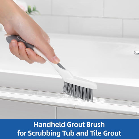 Qaestfy Grout Brush with Long Handle for Cleaning, Stiff Bristles Handheld Tile Scrub Brush, V-Shape Crevice Cleaning
