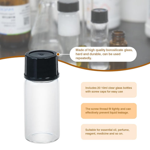 Clear Glass Vials, Small Liquid Sample Vial, Borosilicate Glass with Black Screw Caps, Pack of 20