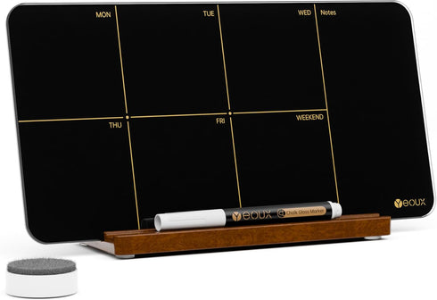 Desktop Black Glass Weekly Planner Dry Erase Whiteboard, 12x6" with Detachable Wood Stand, Small Portable Week Calendar