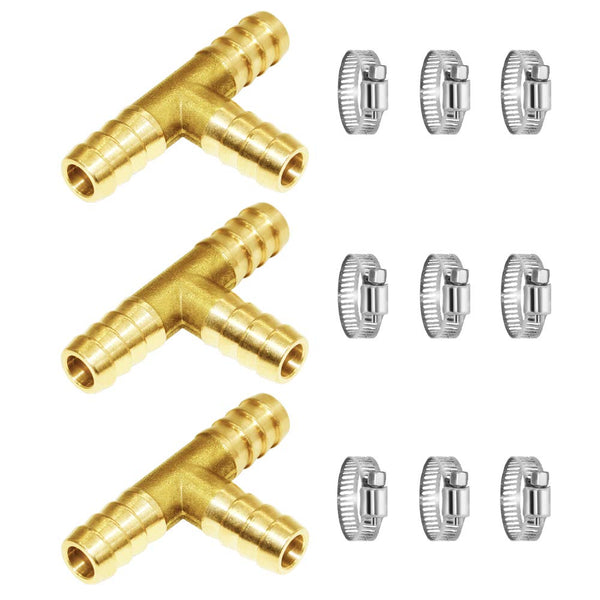 Joywayus 3/8" Hose Barb Fitting, Tee 3 Way Brass Intersection/Split Fitting for Water/Fuel/Air