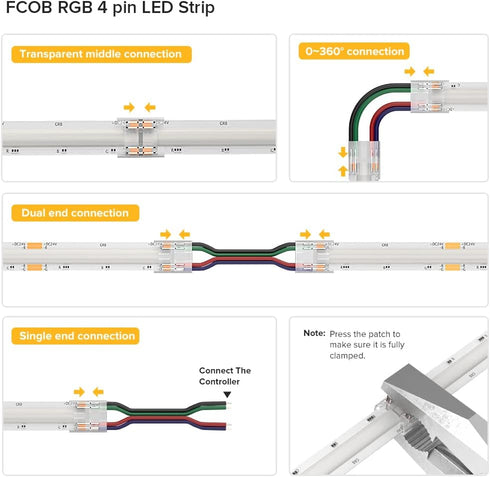 BTF-LIGHTING FCOB 4Pin 10mm Connector Kit, 30pcs Corner Connectors, 30pcs Gapless Solderless Connectors, 10pcs 22AWG